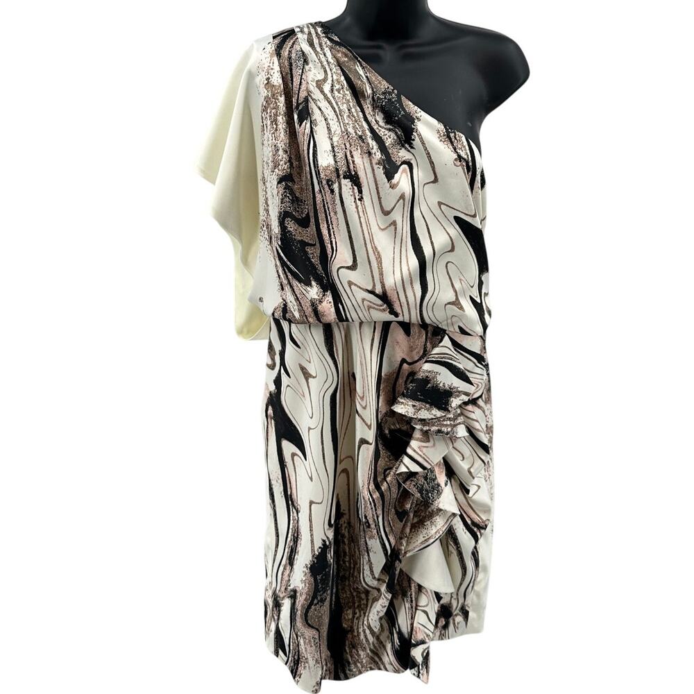 Jessica Simpson Mini Dress Sz 14 Cream Pink Abstract One Shoulder Ruffled